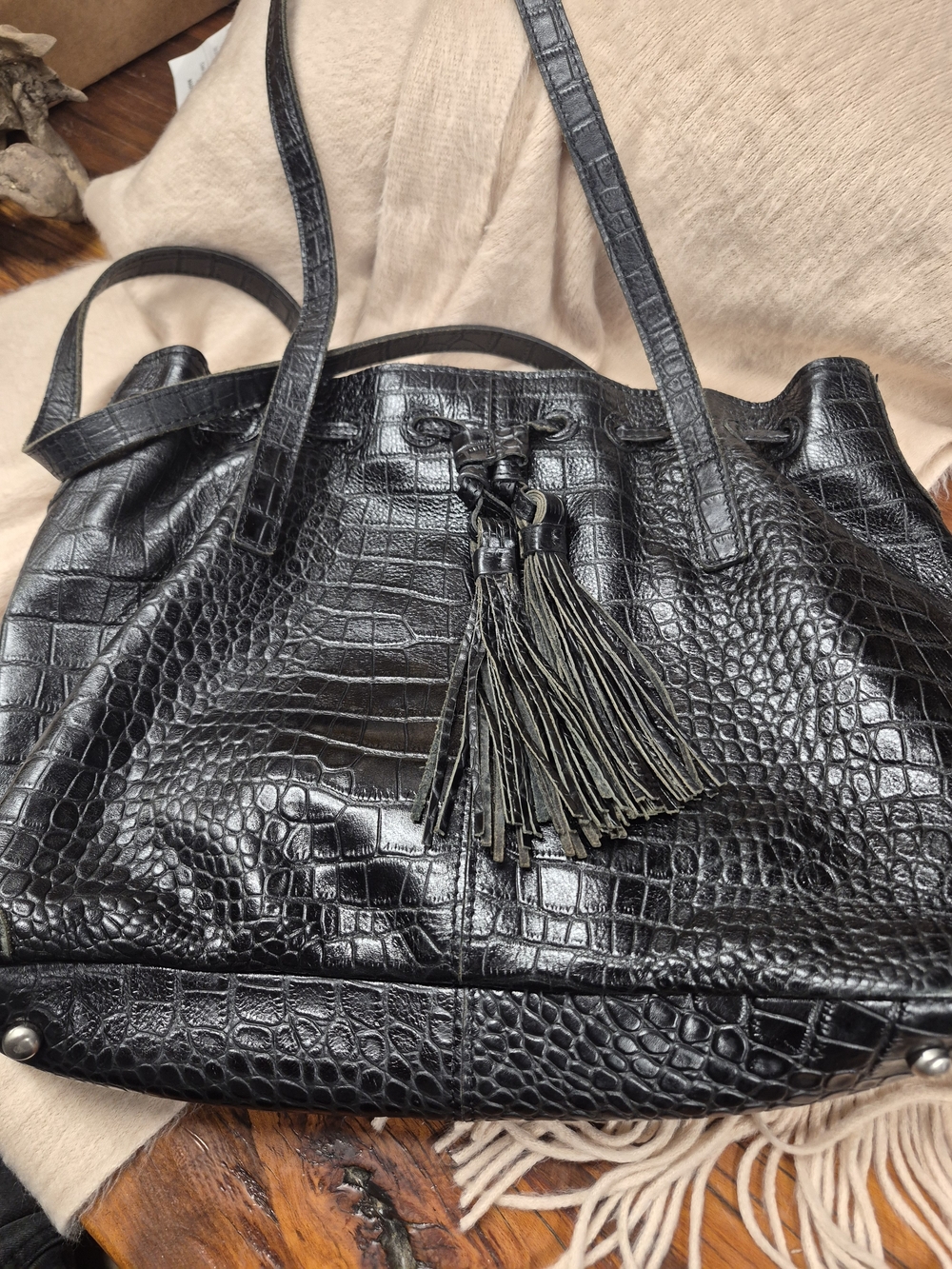 Patricia Nash Black Croc-Embossed Leather Hobo with Tassel Accent